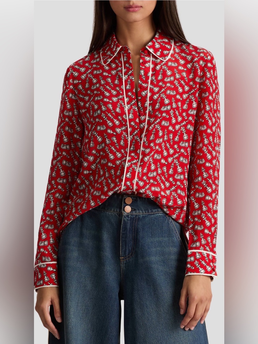 Alice + Olivia Willa Chess Piece Print Silk Button-Up Shirt - Picture 2 of 8